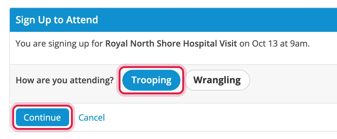 Trooping and the Continue button circled