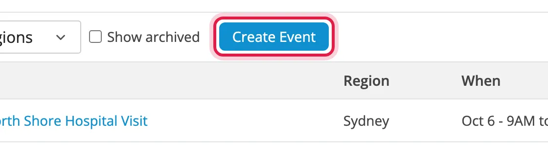 Create Event circled on the Events page