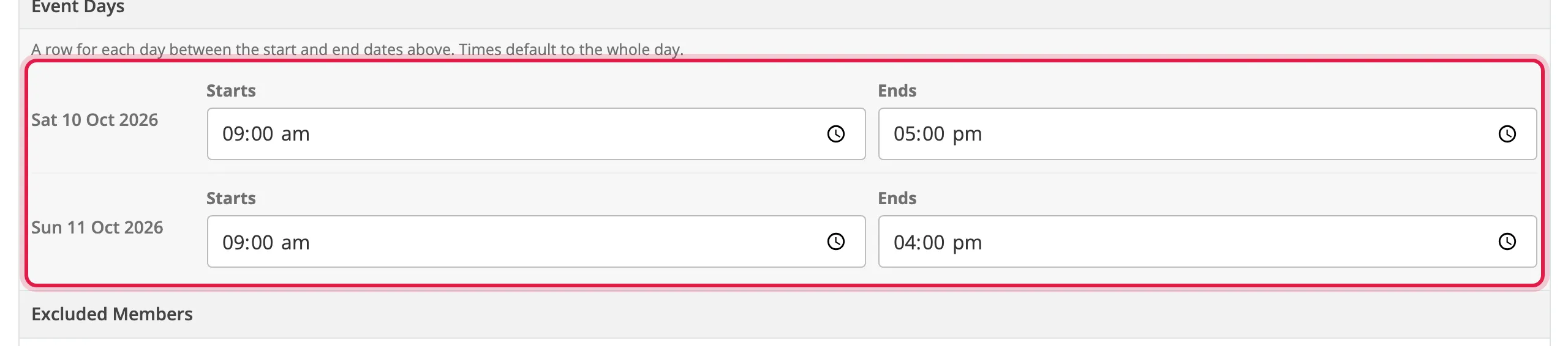 The Event Days rows on the event form
