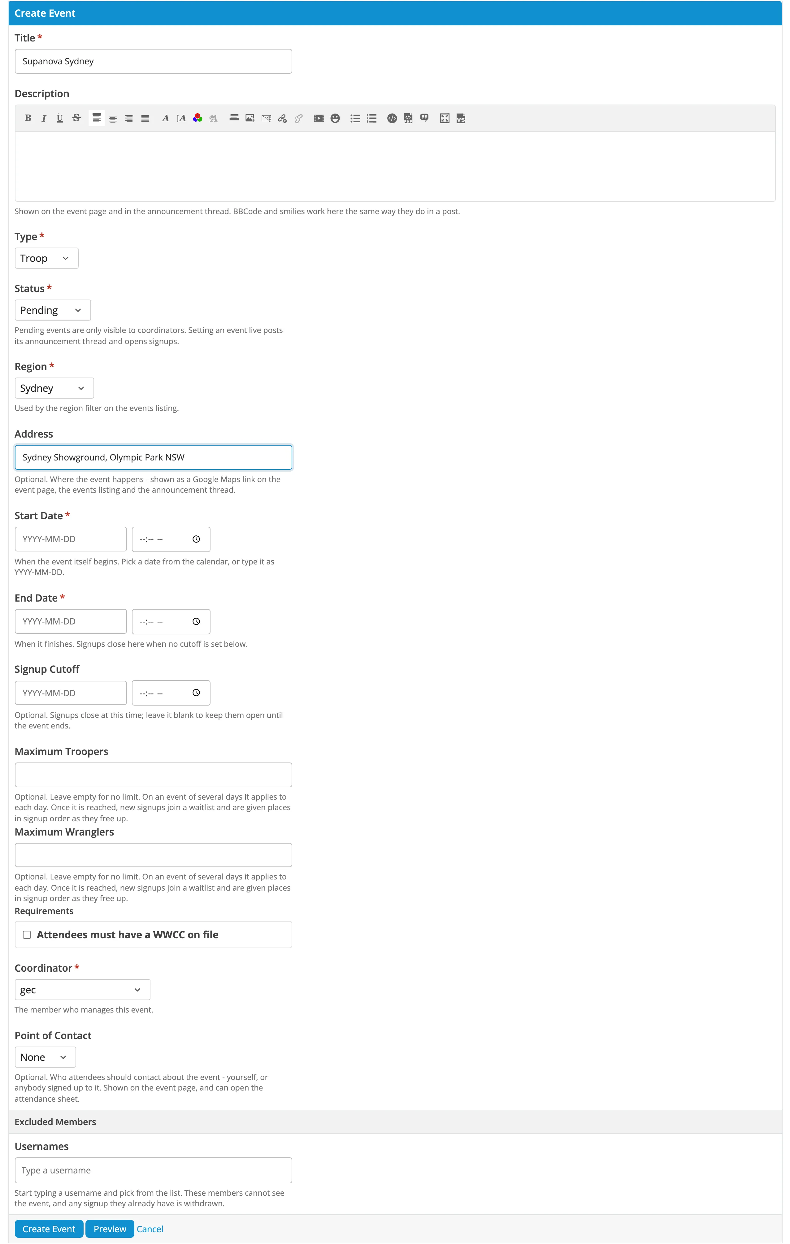 The Create Event form