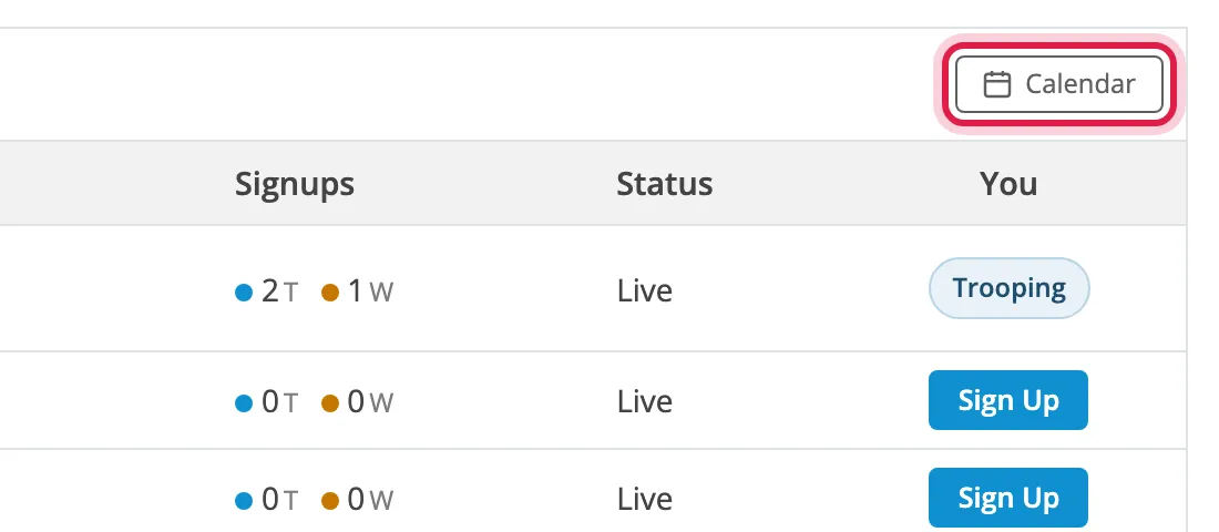 The list view, with the Calendar button circled