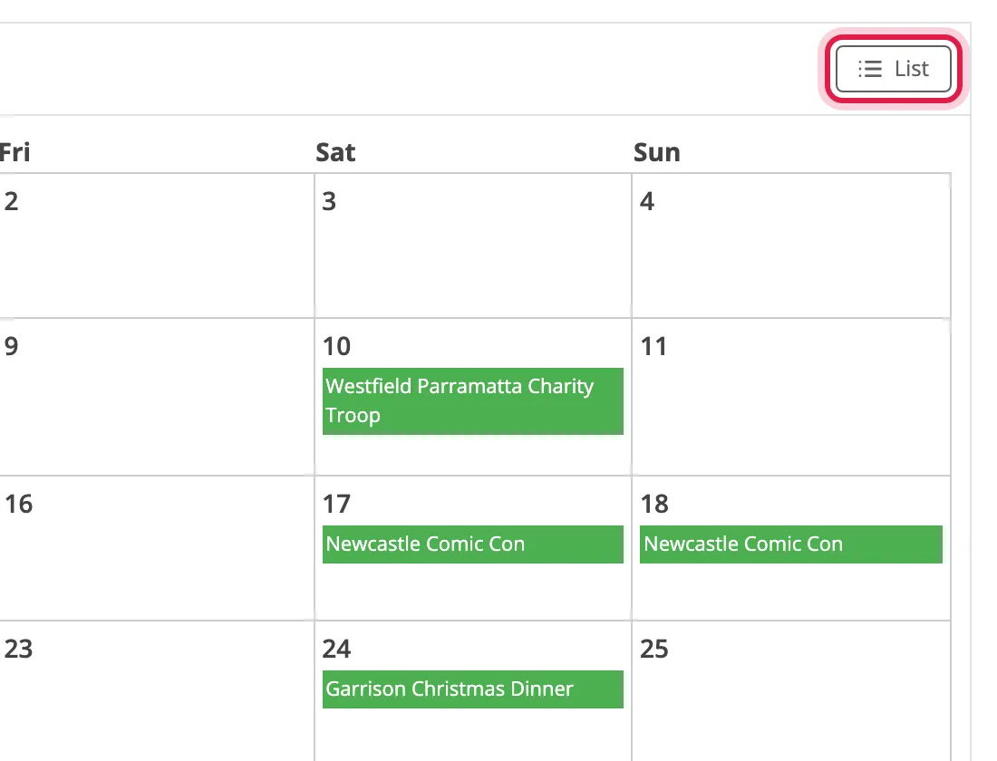 The calendar view, with the List button circled