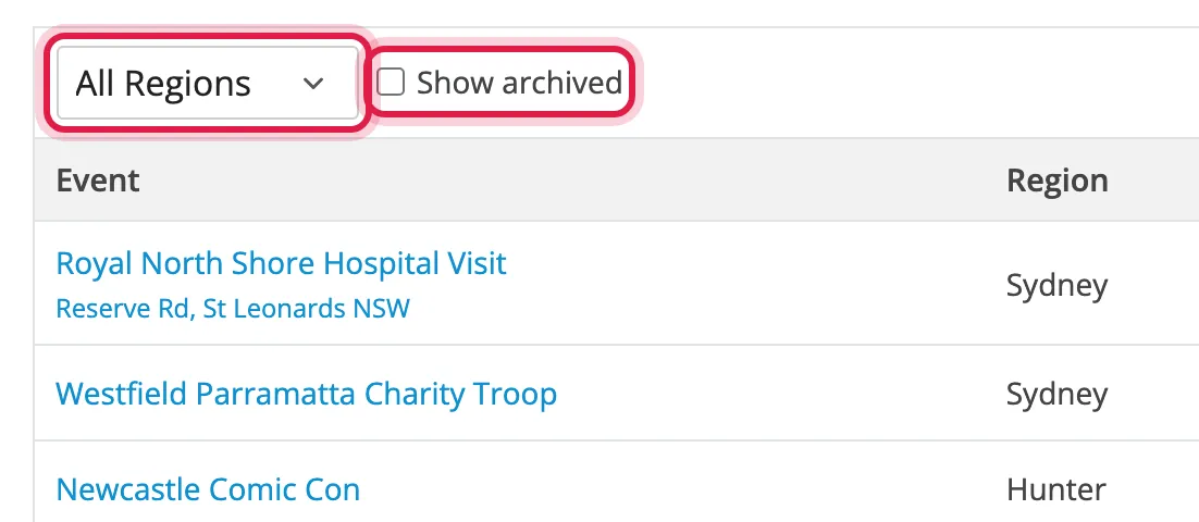 The region list and Show archived circled in the toolbar