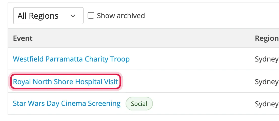 The Events page with an event name circled
