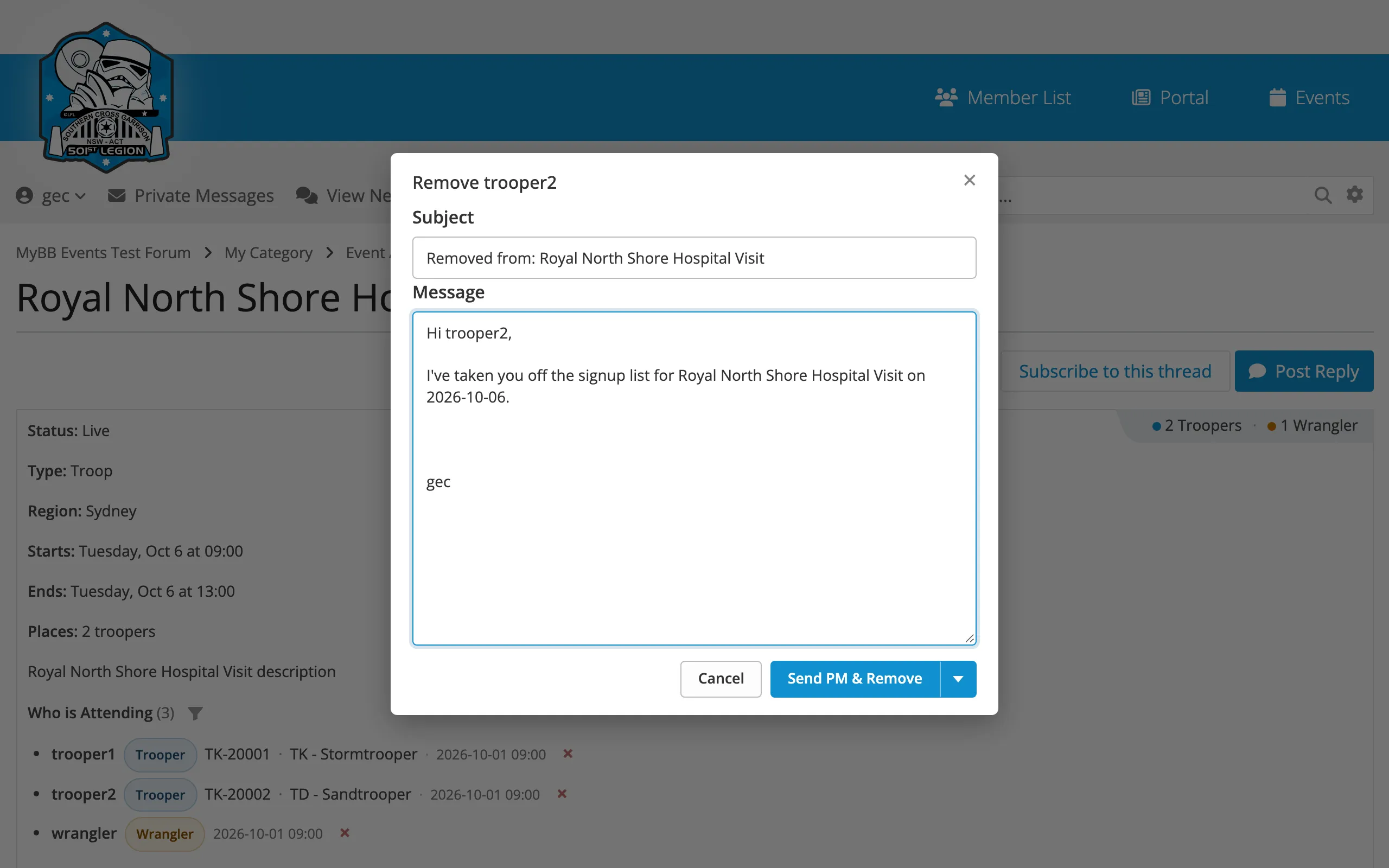 The Remove dialog with a drafted message
