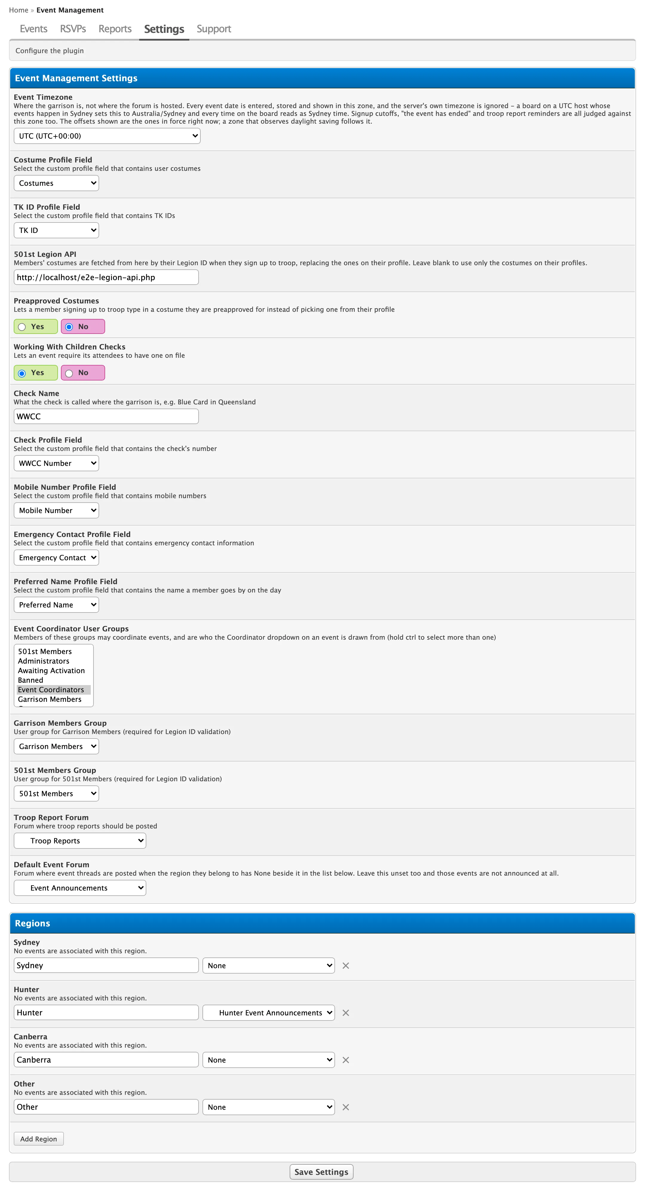 The Event Management Settings page