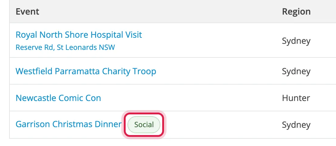A Social event circled in the events list